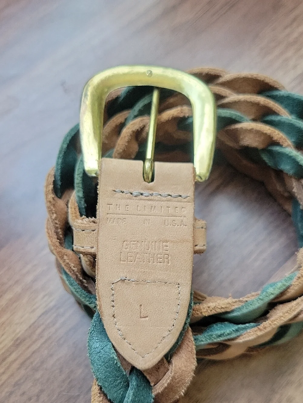 The Limited Braided Leather Tan and Green Belt with Gold Buckle